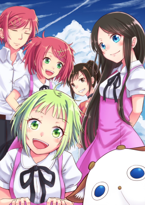 1boy 4girls :d ahoge amanchu! arms_behind_back belt black_hair black_ribbon blue_eyes blush breasts brown_eyes brown_hair buttons choker closed_eyes clouds cloudy_sky collarbone condensation_trail dress eyebrows eyebrows_visible_through_hair green_eyes green_hair grin hair_ornament hairclip hands_on_own_knees hayate_(pixiv1185845) katori_mato kohinata_hikari long_hair looking_at_another looking_at_viewer multiple_girls neck_ribbon ninomiya_ai ninomiya_makoto ooki_futaba open_mouth pants ponytail redhead ribbon school_uniform shirt short_hair short_sleeves sidelocks sky sleeveless sleeveless_dress small_breasts smile teeth twintails x_hair_ornament