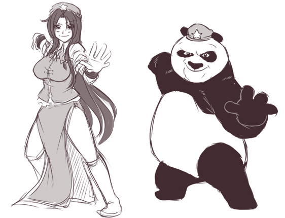 1girl alternate_hairstyle breasts china_dress chinese_clothes crossover ebz fighting_stance hat hong_meiling kung_fu kung_fu_panda large_breasts long_hair martial_arts monochrome neko_majin panda payot po_(kung_fu_panda) rough simple_background star touhou white_background