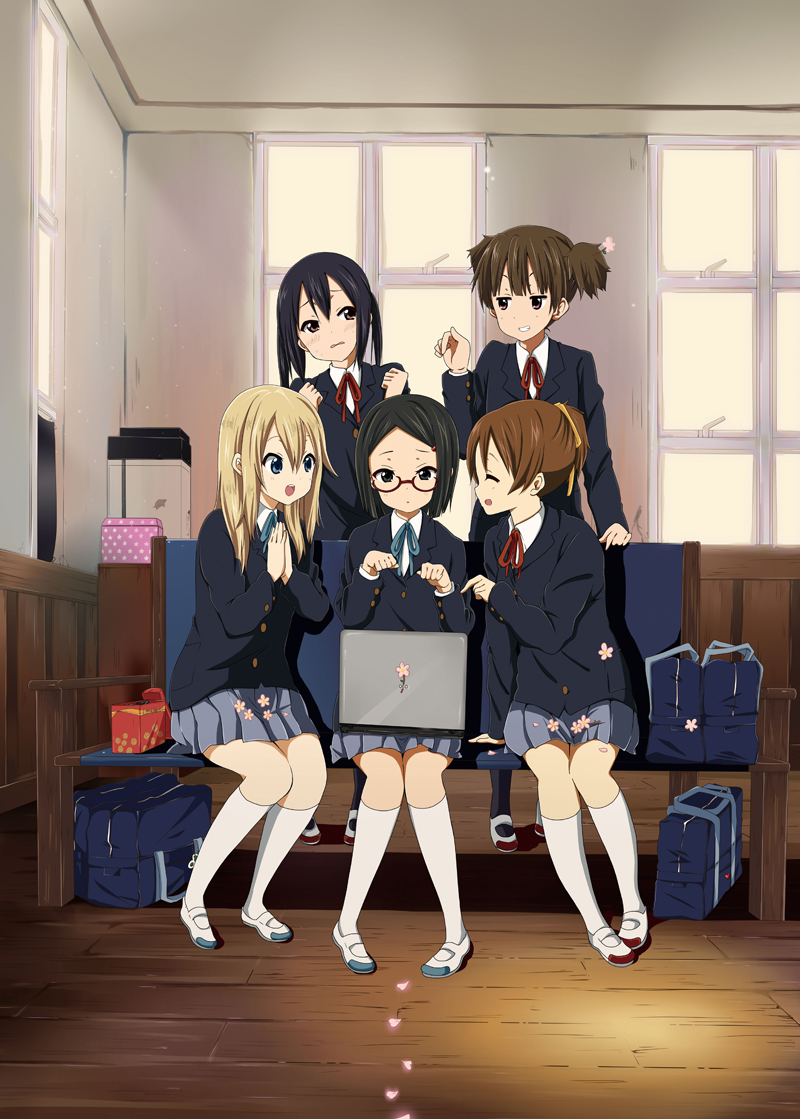 5girls computer flower hirasawa_ui k-on! laptop multiple_girls nakano_azusa okuda_nao ragho_no_erika saitou_sumire school_uniform short_hair suzuki_jun uwabaki