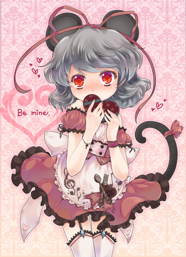 alternate_costume animal_ears apron arms_up blush bracelet covering covering_face covering_mouth dress garter_straps grey_hair hair_ribbon heart iris_anemone jewelry mouse_ears mouse_tail nazrin red_dress red_eyes ribbon short_hair solo tail tail_ribbon thigh-highs thighhighs touhou valentine white_legwear wrist_ribbon zettai_ryouiki