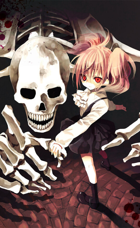 bone dual_persona hinazawa_kirie inu_x_boku_ss pink_hair red_eyes roromiya_karuta skull twintails