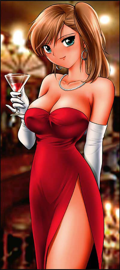 1girl alcohol bare_shoulders breasts brown_hair cleavage cup dress earrings elbow_gloves evening_gown female gloves green_eyes jewelry jpeg_artifacts large_breasts legs looking_at_viewer necklace original pearl_necklace photo_background pinky_out red_dress shingyouji_tatsuya side_ponytail side_slit smile solo standing thighs white_gloves