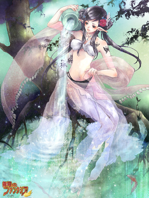 black_hair blush butterfly feet feet_in_water fish flower gourd jewelry long_hair mugen_no_fantasia navel necklace pointy_ears see-through sitting skirt soaking_feet spread_toes tattoo toe_spread toes tree veil water