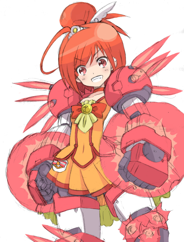 &gt;:) &gt;:d :d cure_sunny grin gundam gundam_age gundam_age-1 gundam_age-1_titus hino_akane kannagi_kaname looking_at_viewer looking_down magical_girl mecha mecha_musume mechanical_arms mechanical_legs open_mouth orange_(color) orange_hair precure red_eyes red_hair redhead rough short_hair simple_background skirt smile smile_precure! solo standing white_background