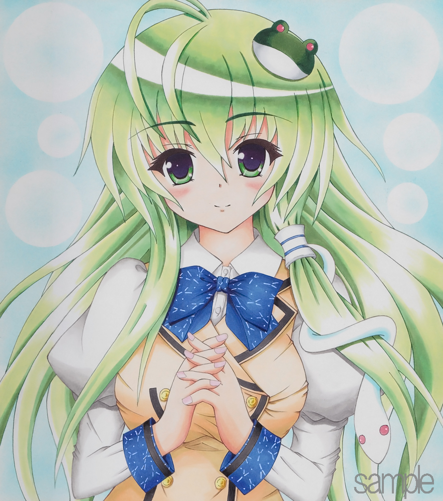 ahoge blue_background blush breasts bust frog green_eyes green_hair hair_ornament hair_tubes head_tilt impossible_clothes impossible_shirt juliet_sleeves kochiya_sanae long_hair long_sleeves looking_at_viewer munmu puffy_shoulders_long_sleeves puffy_sleeves ribbon sample school_uniform simple_background smile snake solo touhou traditional_media vest
