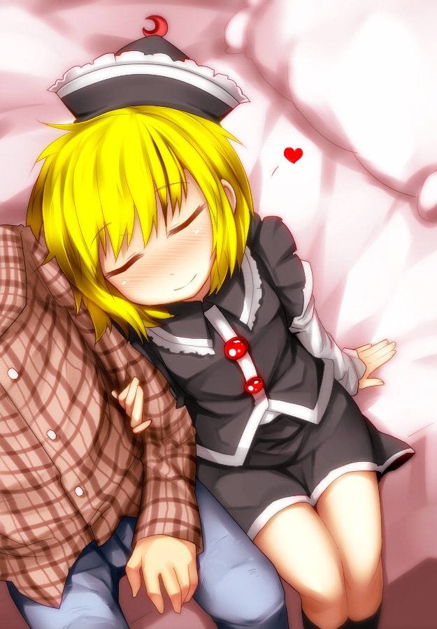 1girl arm_suport arm_support bed blonde_hair blush checkered_shirt closed_eyes crescent eyes_closed hat heart kazetto lunasa_prismriver plaid plaid_shirt short_hair sitting skirt skirt_set smile touhou touhou?1boy touhouÃ£â‚¬â‚¬1boy