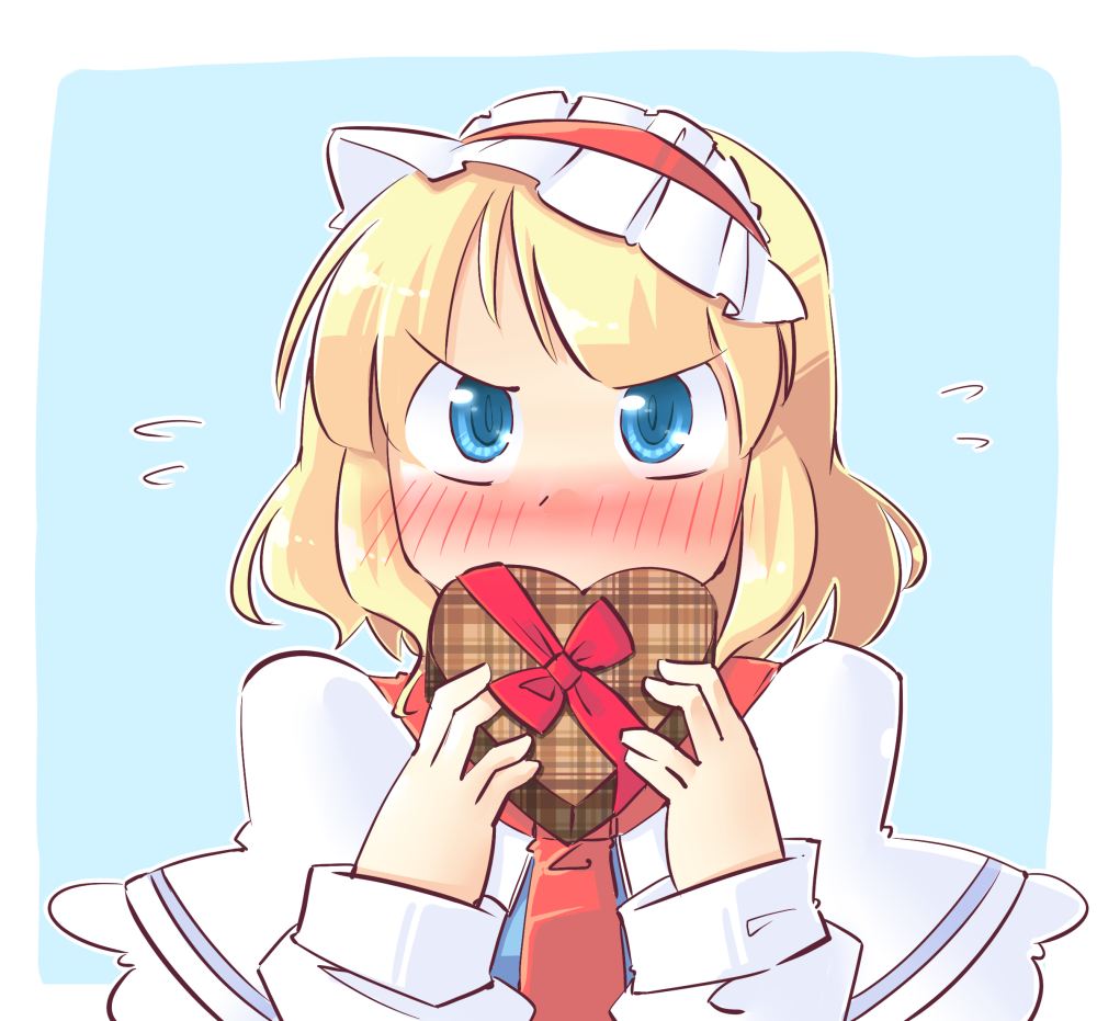 alice_margatroid arms_up arnest blonde_hair blue_dress blue_eyes blush bust capelet covering covering_face covering_mouth dress gift hairband heart short_hair solo touhou valentine