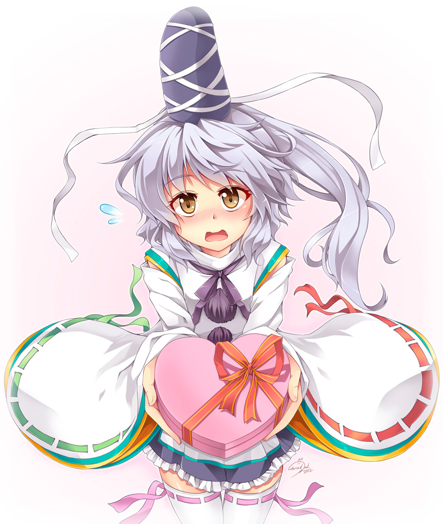 blush box brown_eyes detached_sleeves frilled_skirt gift gift_box giving hat japanese_clothes mononobe_no_futo pom_pom_(clothes) ponytail shy signature silver_hair simple_background skirt solo strap sweatdrop tate_eboshi thigh-highs thighhighs touhou valentine white_legwear wide_sleeves windart zettai_ryouiki