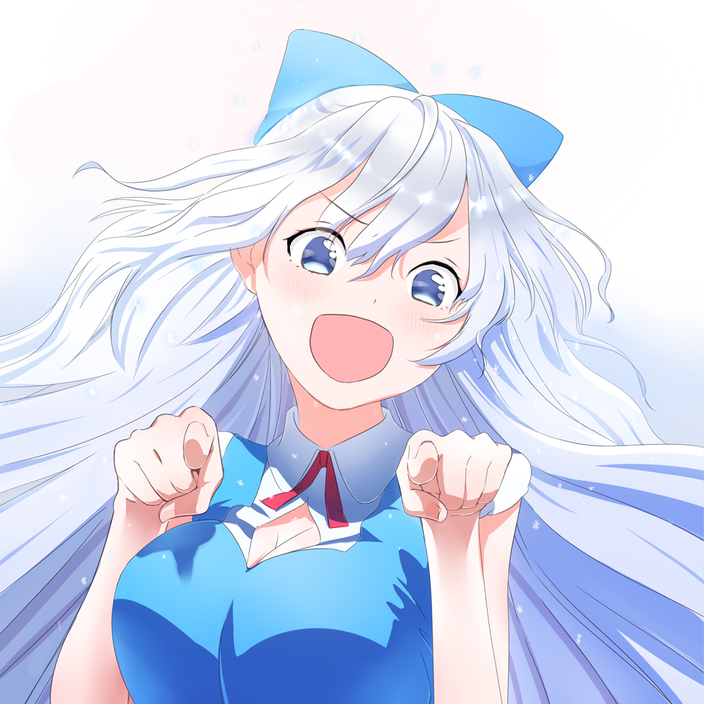 adult alternate_hair_length alternate_hairstyle blue_eyes blue_hair blush bow breasts cirno cirno-nee cleavage hair_bow large_breasts long_hair open_mouth pointing solo teenage touhou very_long_hair yamada_ranga