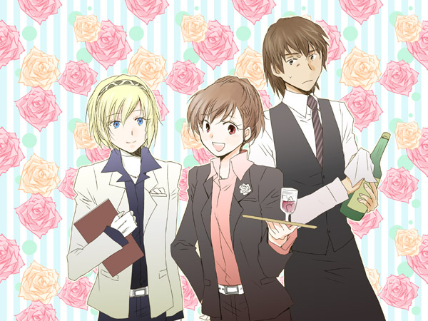 alternate_costume aragaki_shinjirou blonde_hair blue_eyes brown_eyes brown_hair butler female_protagonist_(persona_3) flower formal necktie persona persona_3 persona_3_portable red_eyes reverse_trap rose sananan smile