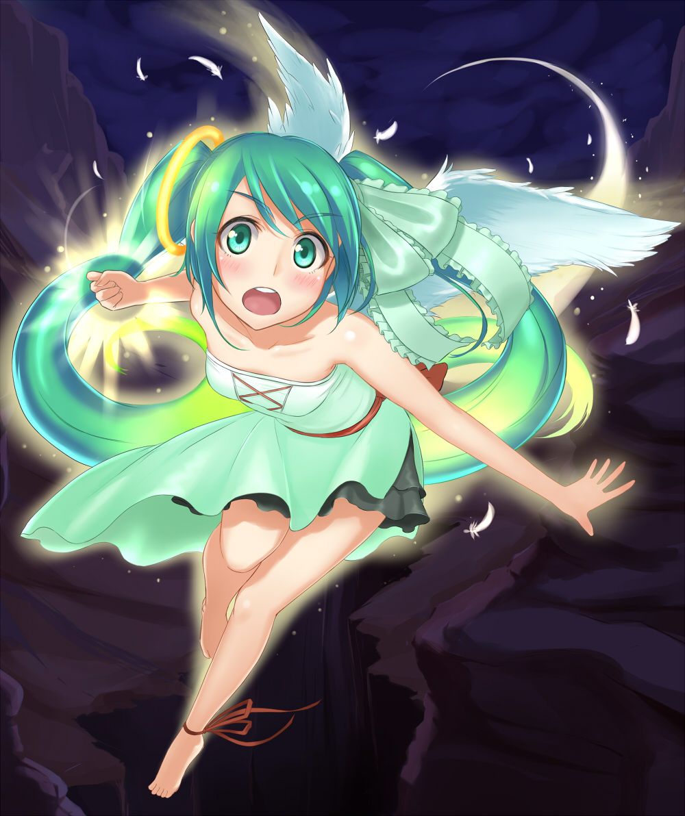 barefoot feet green_eyes green_hair hatsune_miku long_hair open_mouth solo takebi twintails very_long_hair vocaloid wings