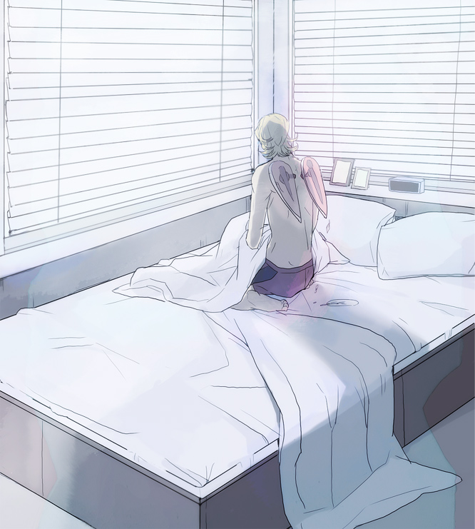 back barefoot barnaby_brooks_jr bed blanket blankets blinds blonde_hair boxers from_behind machine_wings male mechanical_wings muted_color pillow sitting solo superhero tiger_&amp;_bunny underwear wariza wings yukita819