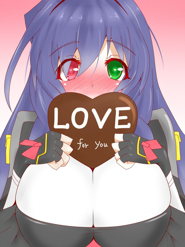 blush bodysuit breasts chocolate fingerless_gloves gloves green_eyes heart heart-shaped_pupils heterochromia kyoukai_senjou_no_horizon large_breasts long_hair marino_104 purple_hair red_eyes symbol-shaped_pupils valentine