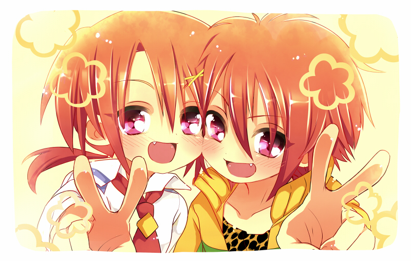 2girls character_request crossover fang hino_akane look-alike msp_sammy multiple_girls necktie precure red_eyes red_hair redhead short_hair smile smile_precure! tennis_no_ouji-sama tooyama_kintarou v yellow_background