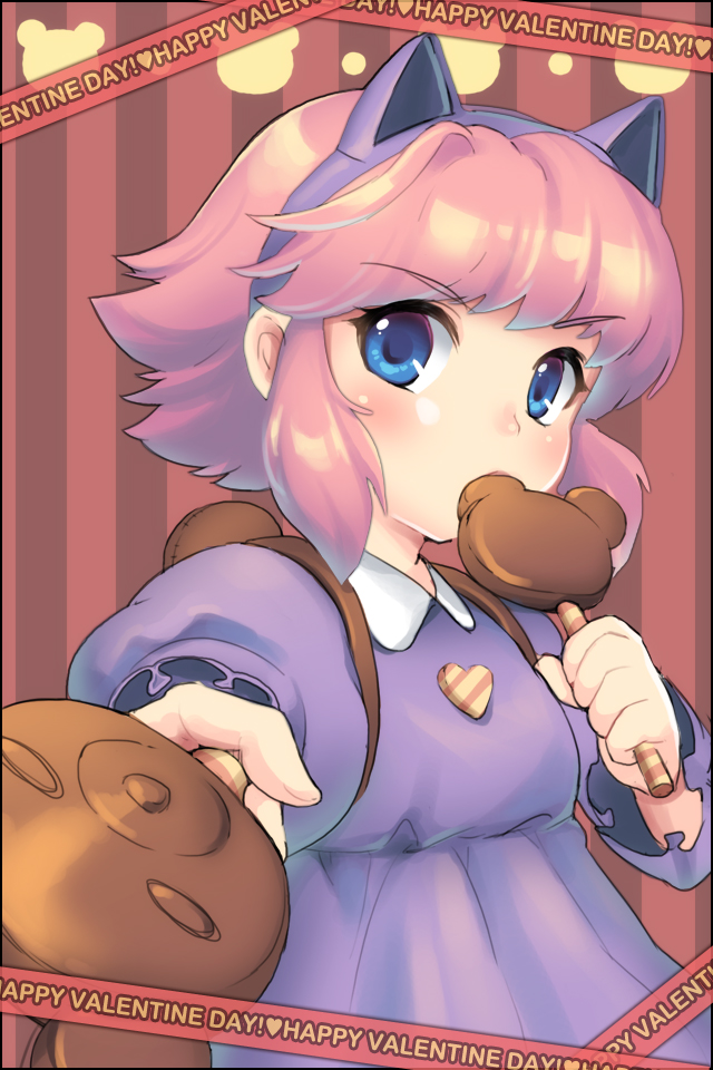 animal_ears annie_hastur blue_eyes blush candy cat_ears chocolate dakun fake_animal_ears league_of_legends lollipop looking_at_viewer mouth_hold pink_hair short_hair solo striped striped_background valentine