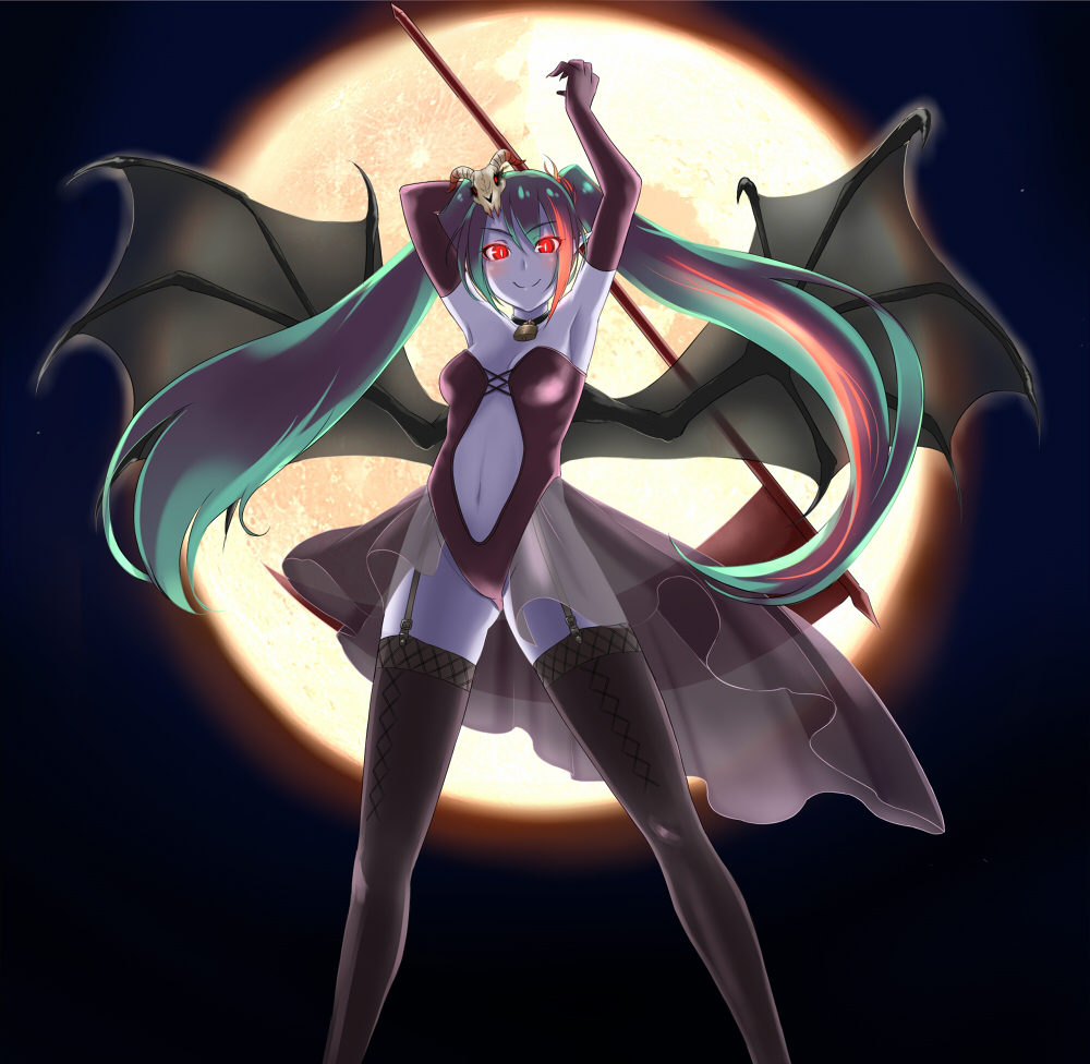 armpits arms_up choker demon_wings elbow_gloves full_moon garter_straps gloves green_hair hatsune_miku long_hair moon navel red_eyes smile solo takebi thigh-highs thighhighs twintails very_long_hair vocaloid wings