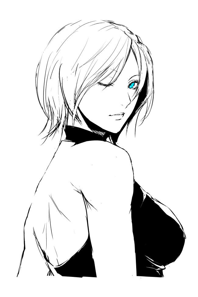 1girl bare_shoulders blue_eyes blue_mary breasts bust face halter_top halterneck king_of_fighters large_breasts lips monochrome s_tanly short_hair snk solo spot_color wink
