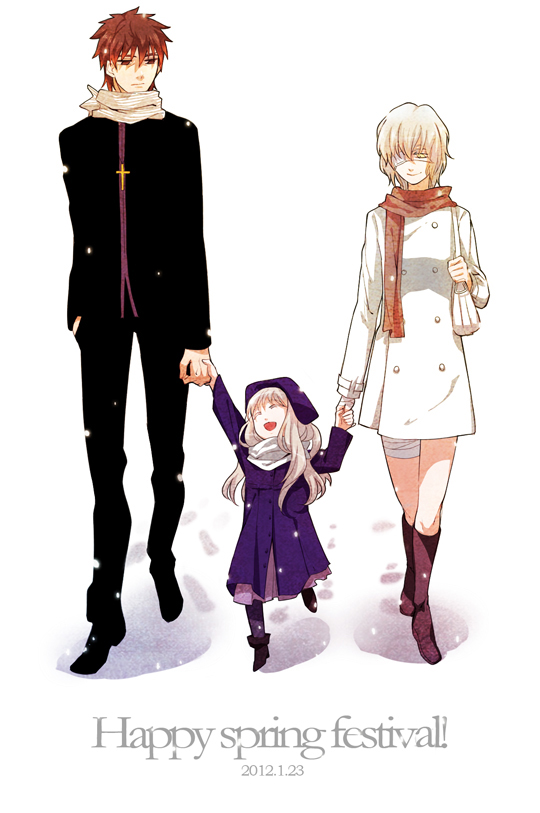 2girls ^_^ age_difference bag bandage bandages boots brown_eyes brown_hair caren_hortensia caren_ortensia child claudia_hortensia claudia_ortensia closed_eyes coat cross dress eyepatch eyes_closed family fate/zero fate_(series) father_and_daughter hand_holding hat holding_hands kotomine's_wife kotomine's_wife kotomine_kirei mother_and_daughter multiple_girls scarf short_hair shoulder_bag shoulderbag snowing wavy_hair white_hair yellow_eyes young yunvshen