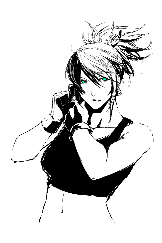 1girl aqua_eyes breasts bust crop_top earrings gloves jewelry king_of_fighters leona_heidern lips long_hair midriff monochrome navel ponytail s_tanly snk solo spot_color tank_top