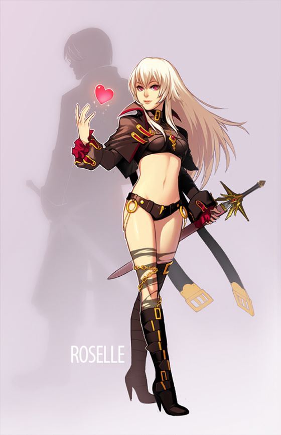 1girl artist_request boots chain chains coat frantz_kruger heart high_heels knee_boots lips long_hair midriff navel pink_eyes roselle_vergerius rusty_hearts shoes silhouette smile solo source_request standing sword weapon white_hair