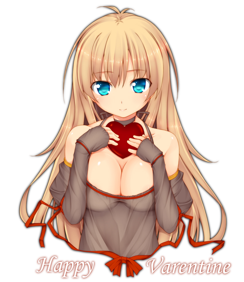 aqua_eyes bare_shoulders big_wednesday blonde_hair breasts bust choker cleavage detached_sleeves engrish happy_valentine heart large_breasts long_hair looking_at_viewer original ranguage sleeves_past_wrists solo valentine