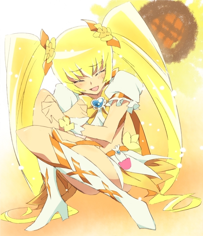 blonde_hair boots bow closed_eyes cure_sunshine eyes_closed flower heartcatch_precure! long_hair magical_girl myoudouin_itsuki precure puffy_sleeves ribbon smile solo squatting sunflower twintails tyuraba yellow yellow_background
