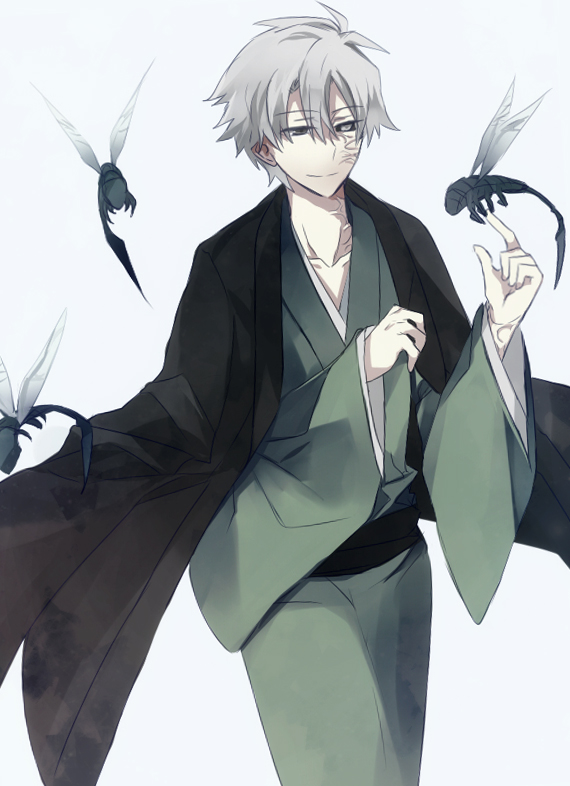 03hagane crest_worm fate/zero fate_(series) haori heterochromia insect japanese_clothes kimono male matou_kariya simple_background solo wa_ga_ne what_if white_background white_hair yukata