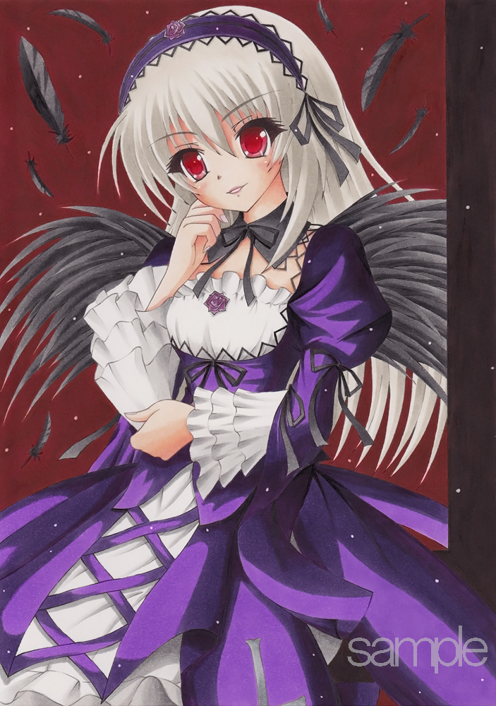 black_wings bow dress feathers flower frilled_dress frills gothic_lolita hairband head_tilt lolita_fashion long_hair munmu red_eyes rose rozen_maiden sample silver_hair simple_background suigintou traditional_media wings