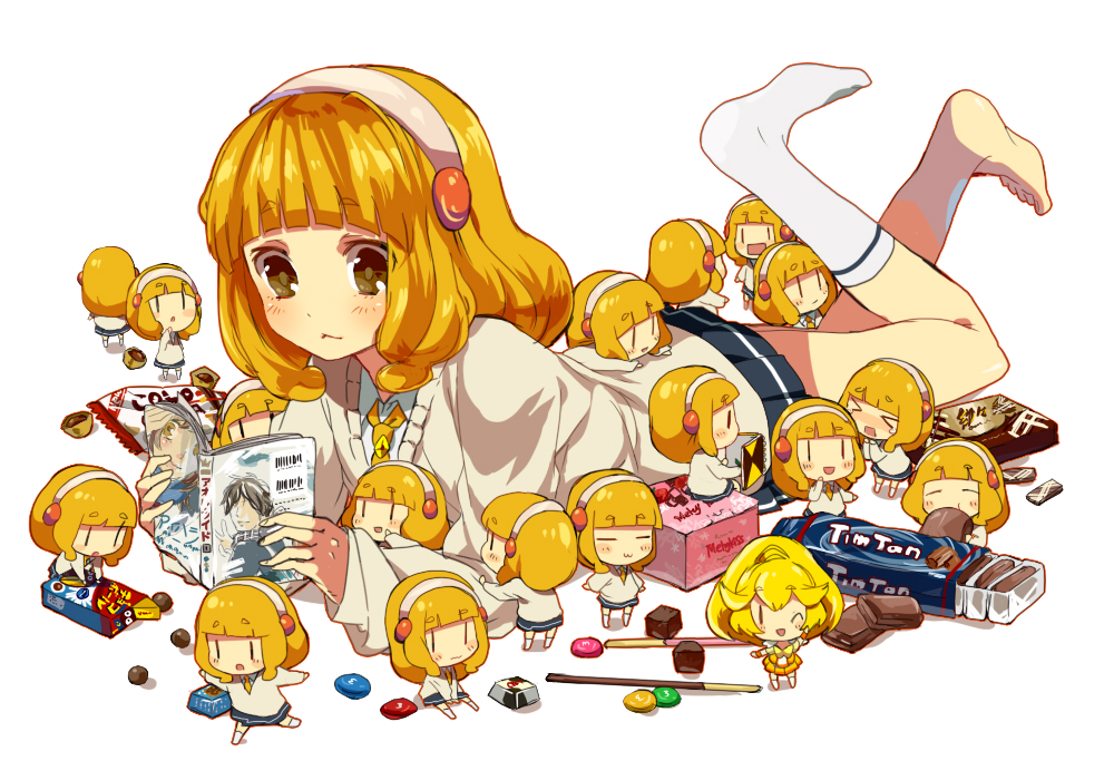 &gt;_&lt; 10bit :3 =_= aano_(10bit) barefoot blonde_hair book brown_eyes candy cardigan chibi chocolate cure_peace eating feet food footwear hairband kise_yayoi lying manga_(object) minigirl multiple_girls no_shoes odd_one_out on_stomach pocky precure reading school_uniform short_hair single_sock skirt smile smile_precure! socks tears white_background yellow_eyes |_|