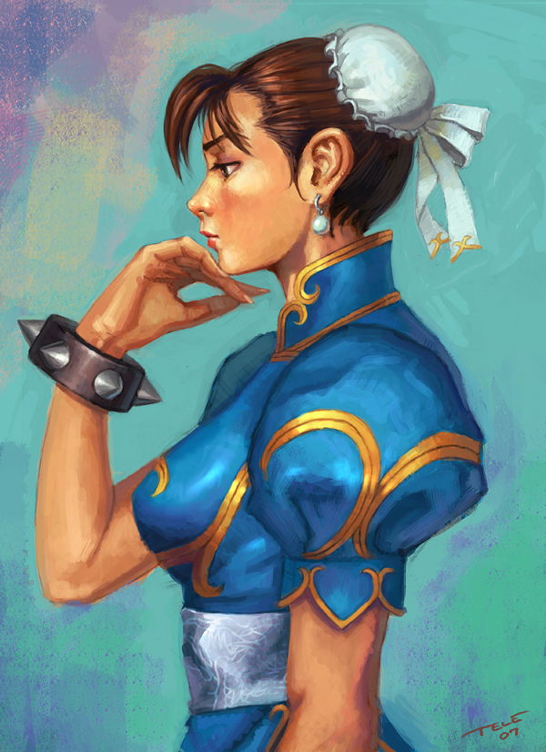 brown_eyes brown_hair bun_cover china_dress chinese_clothes chun-li earrings jewelry kveldulv side spiked_bracelet spikes street_fighter