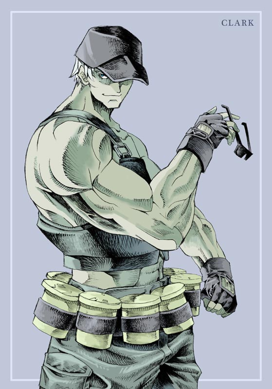 abs bandolier baseball_cap blonde_hair clark_still clenched_fist clenched_hand explosive grenade hat king_of_fighters male midriff military muscle saturn-freak short_hair simple_background snk solo sunglasses sunglasses_removed tank_top