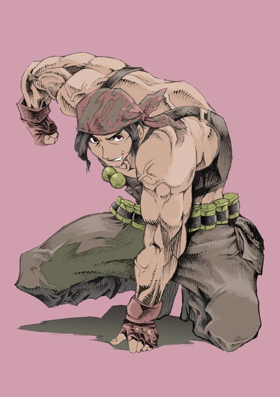 bandana bandanna bandolier clenched_fist clenched_hand explosive facial_hair fingerless_gloves gloves grenade grin king_of_fighters male muscle ralf_jones saturn-freak simple_background smile snk solo squatting stubble tank_top