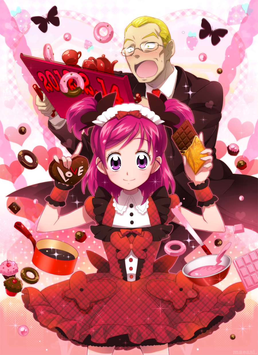 1girl 2012 :o blonde_hair blush bunbee butterfly candy chocolate chocolate_heart cup cupcake dated dress formal frills glasses headdress heart highres kettle maeashi open_mouth pink_background pink_hair plaid plaid_dress precure purple_eyes red_dress short_hair smile suit teacup tray two_side_up unmoving_pattern valentine violet_eyes wrist_cuffs yes!_precure_5 yumehara_nozomi