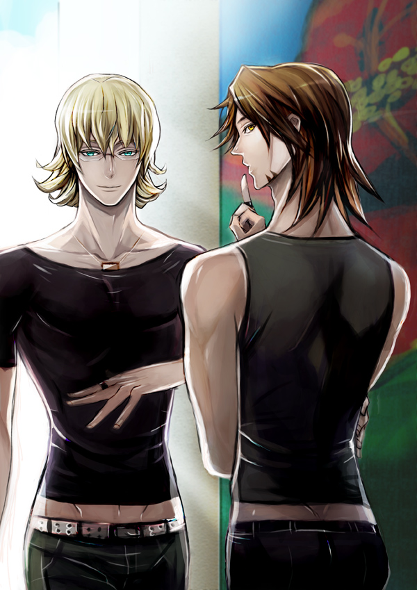 bad_id barnaby_brooks_jr belt blonde_hair brown_eyes brown_hair facial_hair glasses green_eyes jewelry kaburagi_t_kotetsu mizuame_(b-rangers) multiple_boys necklace ring stubble studded_belt t-shirt tank_top tiger_&amp;_bunny