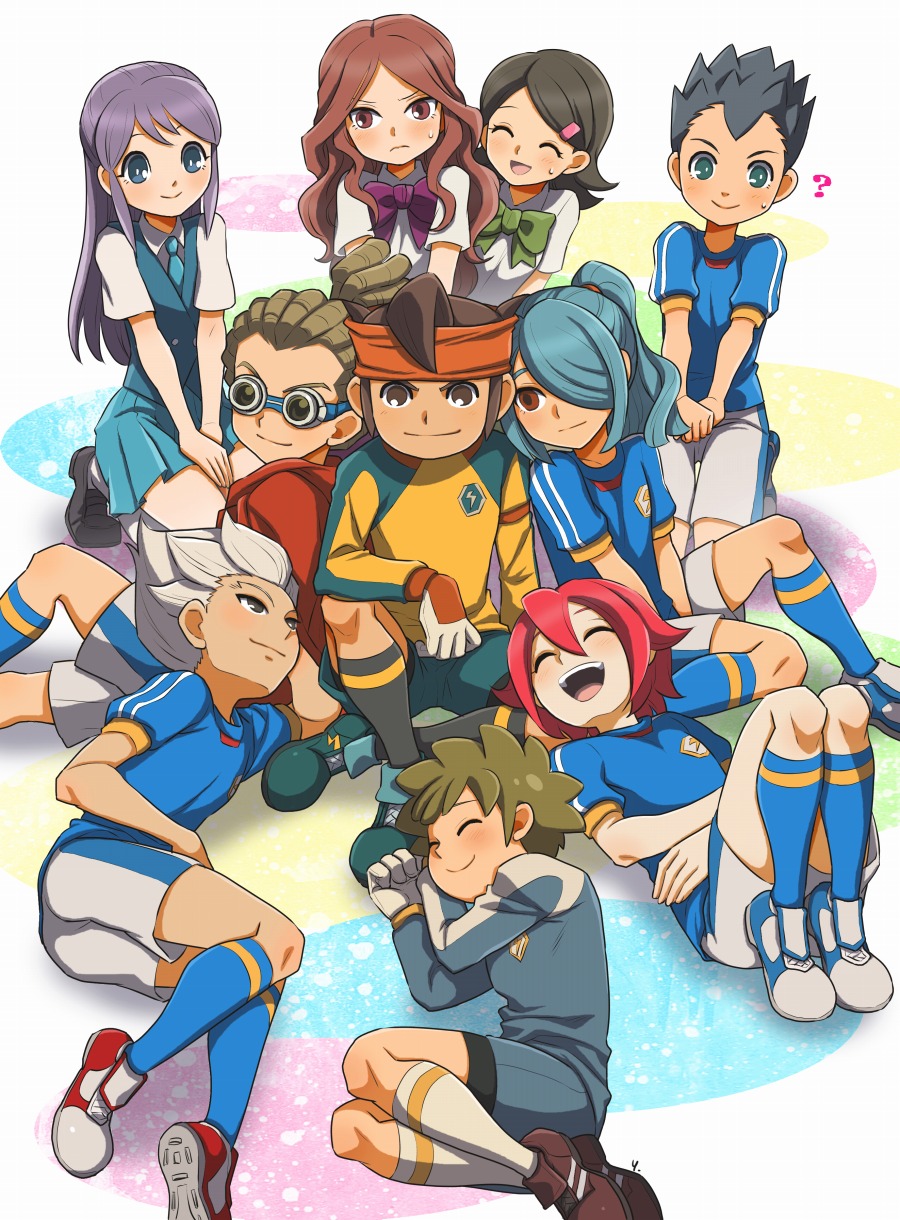 3girls 6+boys black_hair blue_eyes blush brown_eyes brown_hair closed_eyes endou_mamoru goggles gouenji_shuuya grey_hair hair_ornament hairclip hairlocs harem hato_niku headband highres inazuma_eleven inazuma_eleven_(series) kazemaru_ichirouta kidou_yuuto kino_aki kiyama_hiroto kudou_fuyuka long_hair mixed_harem multiple_boys multiple_girls open_mouth ponytail purple_hair raimon_natsumi redhead smile sweat tachimukai_yuuki utsunomiya_toramaru yaoi