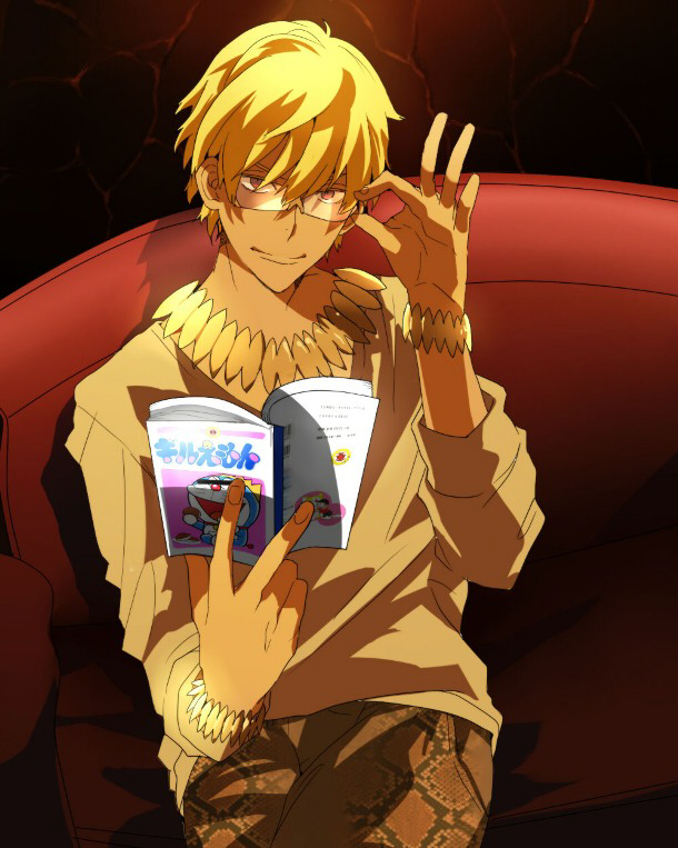 adjusting_glasses azuazuazu19 bespectacled blonde_hair book bracelet casual censored chair doraemon fate/zero fate_(series) gilgamesh glasses identity_censor jewelry looking_at_viewer male necklace reading red_eyes smile