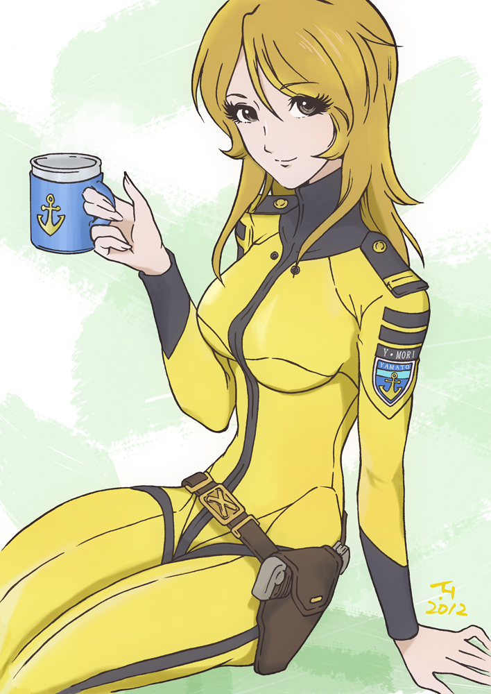 anchor arm_support blonde_hair bodysuit crossdraw_holster cup holding holster insignia kujira_gunsou long_hair military military_uniform mori_yuki mug science_fiction smile solo uchuu_senkan_yamato uchuu_senkan_yamato_2199 uniform