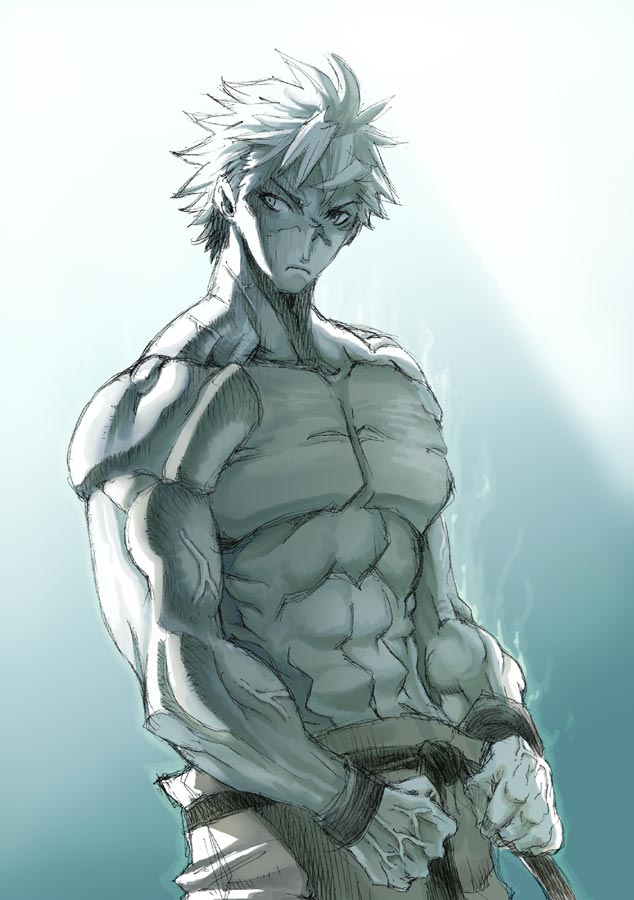 abs clenched_fist clenched_hands king_of_fighters male muscle pectorals ryou_sakazaki ryuuko_no_ken sakazaki_ryo saturn-freak shirtless short_hair snk solo spiked_hair spiky_hair topless veins