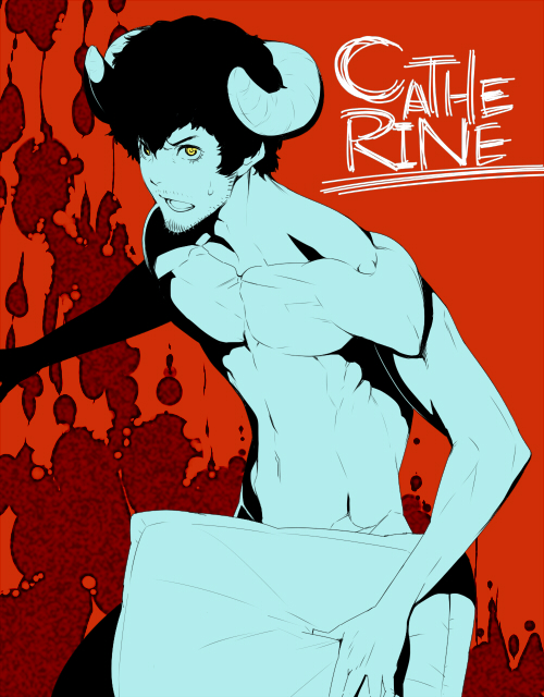 bare_shoulders catherine_(game) chest horns mabataki male open_mouth red_background shirtless solo teeth title_drop vincent_brooks yellow_eyes