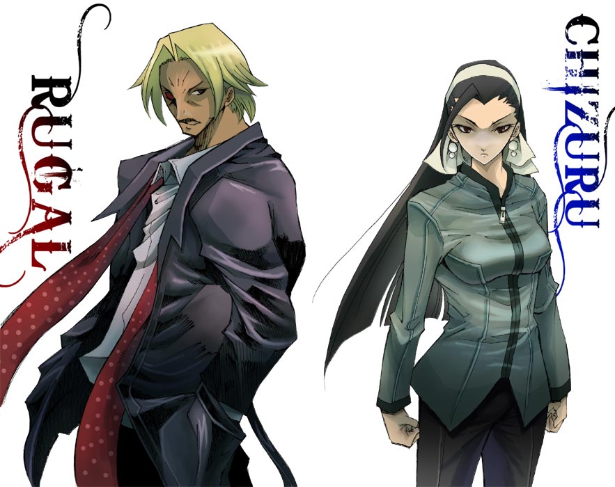 1girl blonde_hair breasts casual clenched_fist clenched_hands earrings facial_hair hairband hands_in_pockets jewelry kagura_chizuru king_of_fighters long_hair mustache rugal_bernstein saturn-freak scarf short_hair snk tan trench_coat