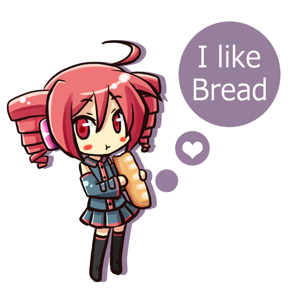 ahoge bad_id baguette blush_stickers bread chibi detached_sleeves drill_hair eating english food heart kasane_teto kuromine red_eyes red_hair redhead short_hair simple_background skirt thigh-highs thighhighs truth twintails utau