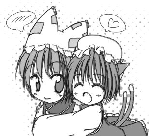 blush cat_ears cat_tail chen closed_eyes fang heart hug hug_from_behind lowres monochrome multiple_tails open_mouth smile suzukaze_tsukasa tail touhou yakumo_ran