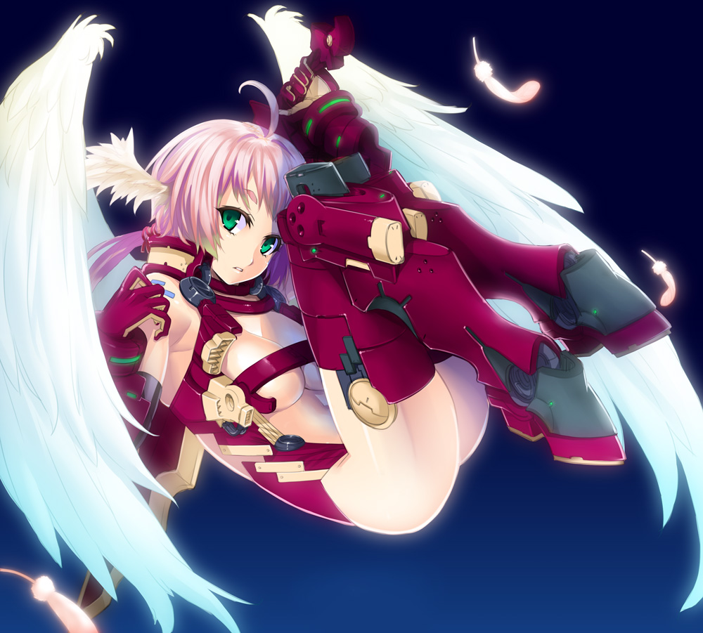 boots feathers fujimon green_eyes head_wings headwings mecha_musume original pink_hair solo thigh-highs thigh_boots thighhighs wings