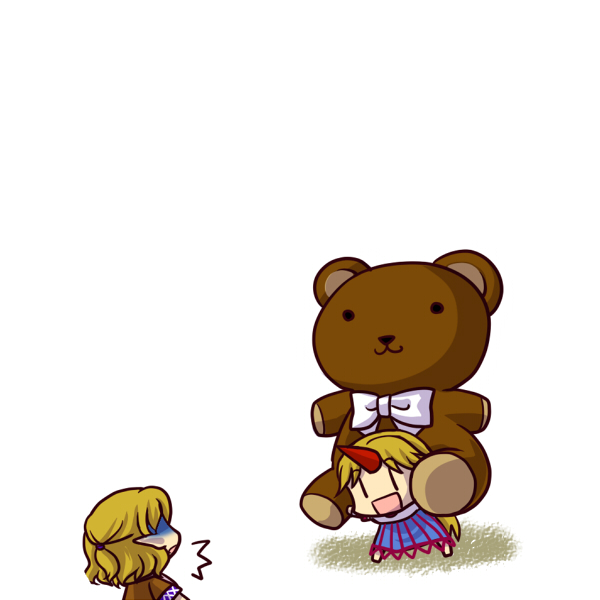 /\/\/\ 2girls :3 bear blonde_hair chibi horn horns hoshiguma_yuugi long_hair mizuhashi_parsee multiple_girls o_o pointy_ears short_hair simple_background socha stuffed_animal stuffed_toy teddy_bear touhou