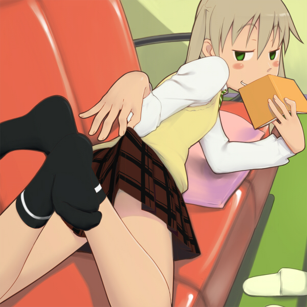 black_socks blush book cardigan couch covering_mouth feet hands kanna_asuke legs_up looking_back lying maka_albarn naughty_face on_stomach skirt skirt_lift socks soul_eater sweater tease teasing