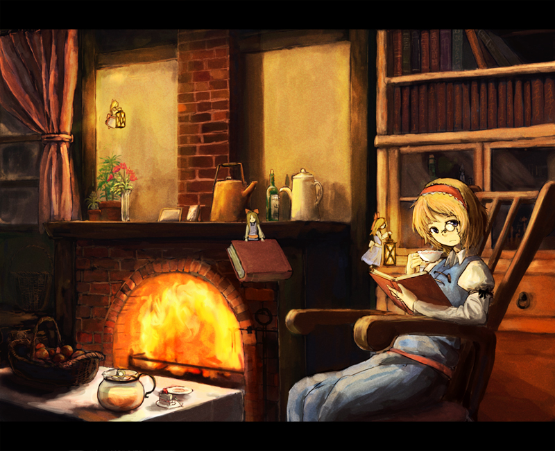 apple bad_id basket bespectacled blonde_hair blue_eyes book bookshelf border bottle brick cake chair collar cup curtains doll drawer dress fire fireplace frame fruit glasses hair_ornament hairband indoors lantern letterboxed light monocle night open_book picture_frame plant plate pot reading rose shelf short_hair shortcake sitting solo strawberry table teacup touhou wall water window you_(shimizu)