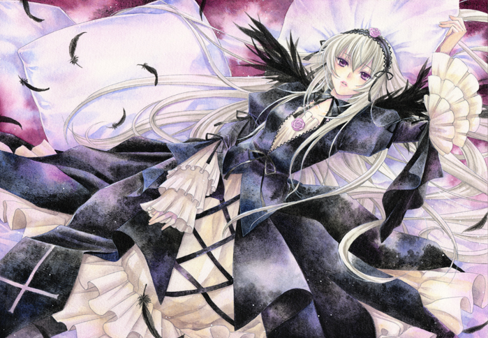 acrylic_paint_(medium) dress feathers long_hair lying nib_pen_(medium) pillow purple_eyes rozen_maiden silver_hair solo suigintou traditional_media violet_eyes watercolor_(medium) wings