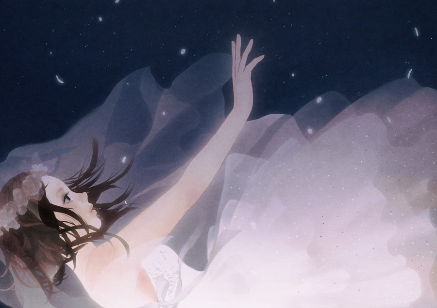 bare_shoulders bridal_veil brown_eyes brown_hair dress falling original outstretched_arm outstretched_hand petals reaching solo sumishuu tears veil wedding_dress