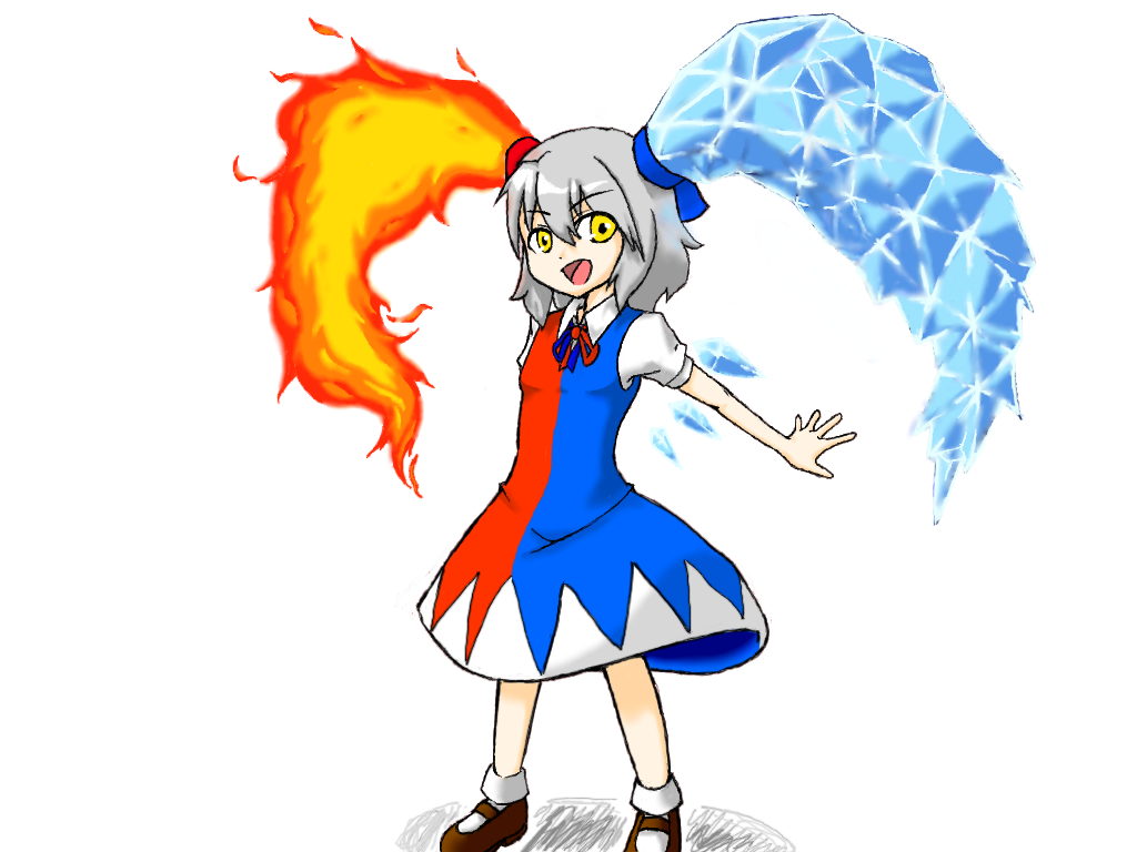 achi_cirno alternate_color alternate_element asymmetrical_clothes cirno fire fusion ice nintendo parody sanzugawa short_hair silver_hair solo the_legend_of_zelda touhou twinrova twintails wings yellow_eyes