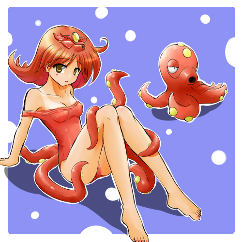 1girl bare_shoulders barefoot casual_one-piece_swimsuit costume lowres moemon nail_polish octillery one-piece_swimsuit personification pokemon pokemon_(creature) pokemon_(game) pokemon_gsc red_hair redhead swimsuit swimsuit_pull tan tanline tenjou_ryuka tentacles